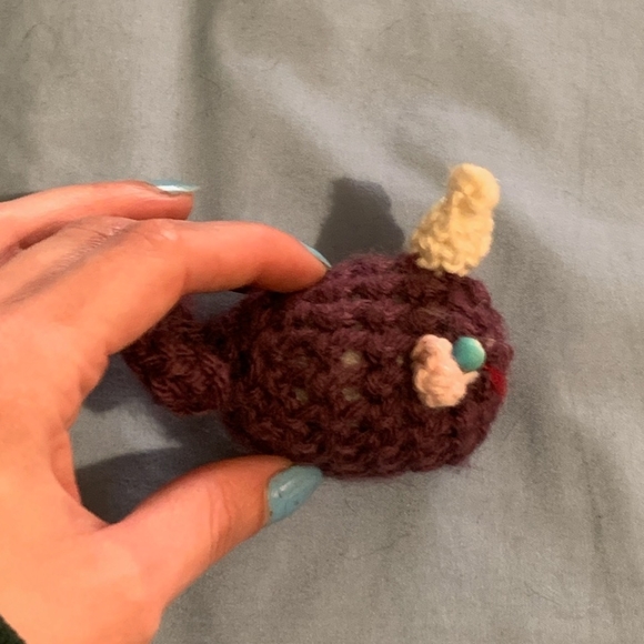 3 three cute hand crocheted narwhals. 2 Grey and 1 burgundy. Soft sculpture. - Picture 3 of 10